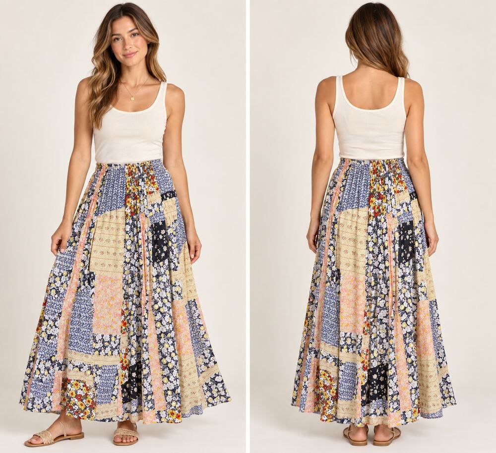 Natural Life Patchwork Floral Maxi Skirt M Boho Cotton Rayon Multicolor